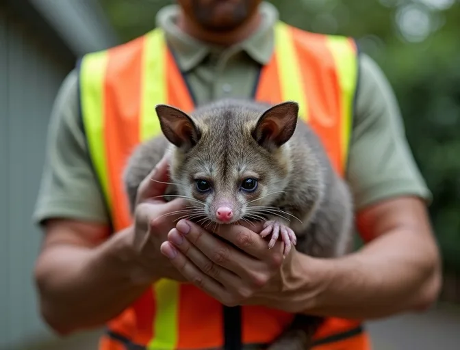 Animal handler safely recovering a deceased possum in Five Ways